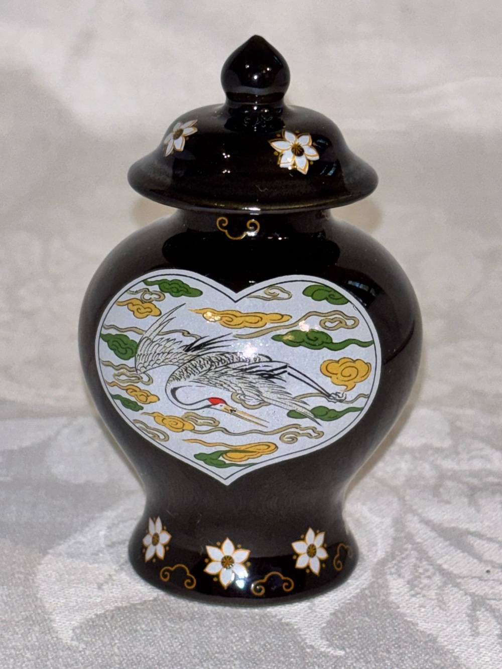 Vintage 1980 Franklin Porcelain Japan Mini Ginger Jar Crane Lidded Urn